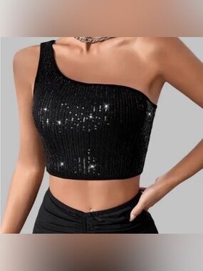 Elodie Black Sequin One-Shoulder Top Size Large